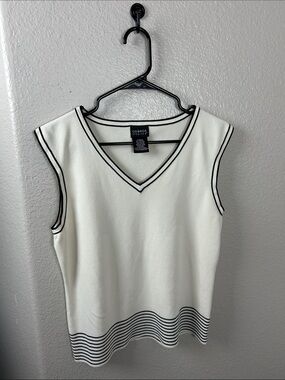 George Womens Ivory Vest Top Black Trim V Neck Sz XL Preppy Office TC0285